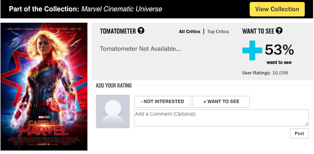 the rotten tomatoes page for captain marvel prior to its theatrical release