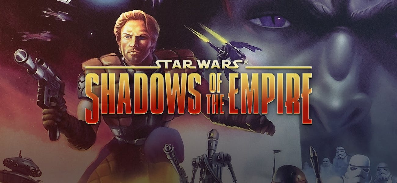 Dash Rendar wields his blaster as Prince Xizor looks on in box art for the N64 version of 'Shadows of the Empire.'