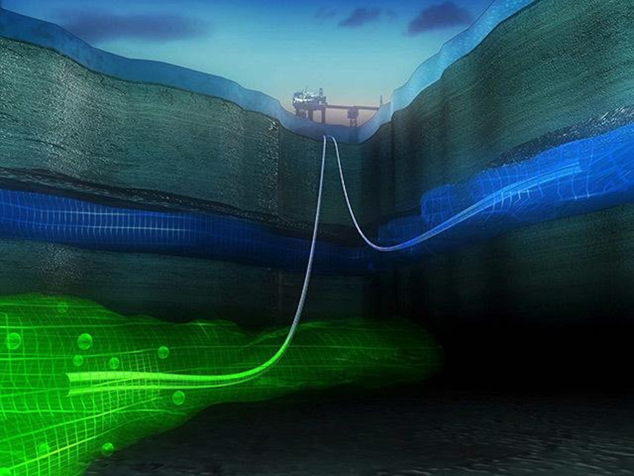 A visualization of the carbon capture and injection process underground.