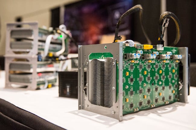 NEW YORK, NY - APRIL 07: Bitcoin mining hardware is displayed at a Bitcoin conference on at the Javits Center April 7, 2014 in New York City. Topics included market places to trade bitcoin, mining hardware to harvest bitcoins and digital wallets to store bitcoins. Bitcoin is one of the most popular of over one hundred digital currencies that have recently come into popularity. (Photo by Andrew Burton/Getty Images)