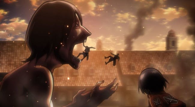 In the Battle of Trost District, a soldier throws his friend out of a Titan's mouth before getting devoured himself.