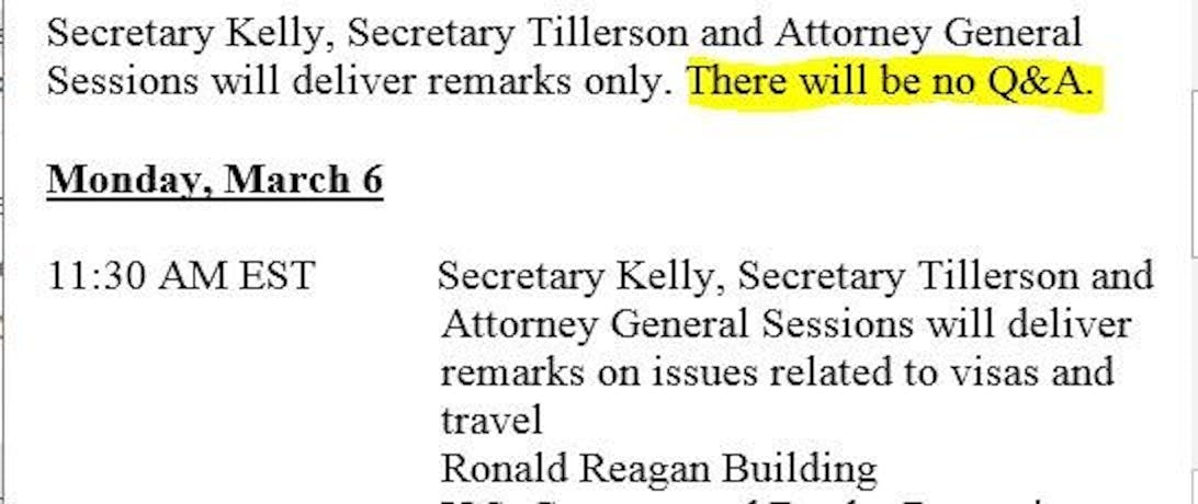 No questions will be accepted at the press event for Donald Trump's new travel ban executive order.