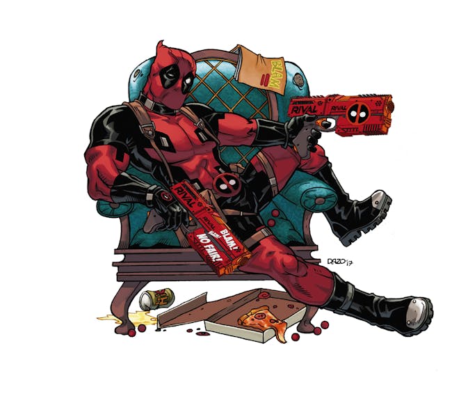 deadpool s getting his own nerf guns and monopoly to corrupt deadpool likes pizza beer and nerf guns that say rival on them