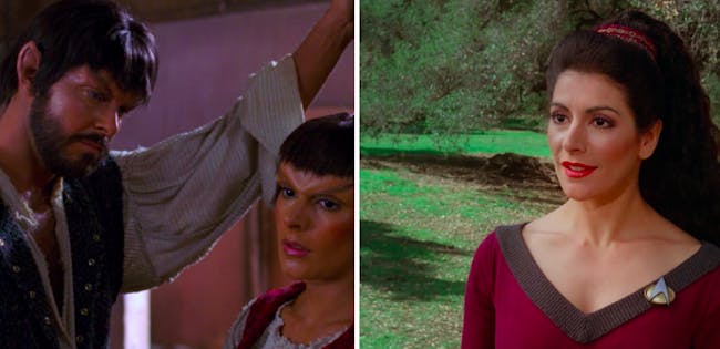 RIGHT: Riker and Troi disguised as Mintakans in 'Who Watches the Watchers" (1989). LEFT: Troi as she appeared in most episodes of 'The Next Generation.'