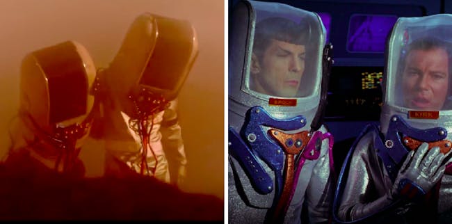 LEFT: An imagined scene from Wendy's script in 'Please Stand By.' RIGHT: Kirk in Spock in "The Tholian Web."