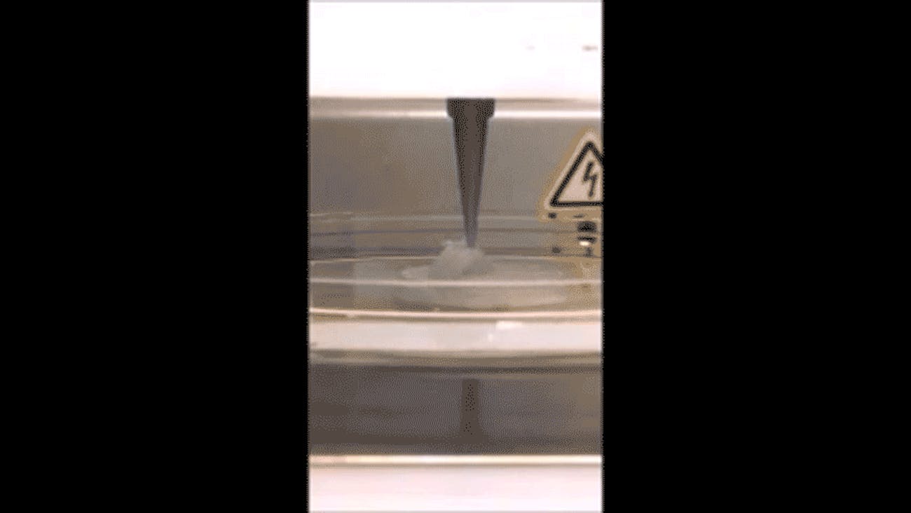 A GIF illustrating HAPLGA ink being 3D-printed into 7.5-cm-tall double helix modeled after the structure of DNA (64×speed).