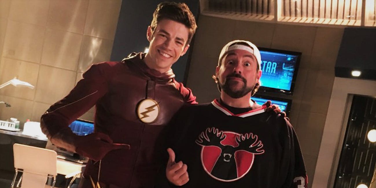 Kevin Smith poses with Grant Gustin on the set of 'The Flash'.