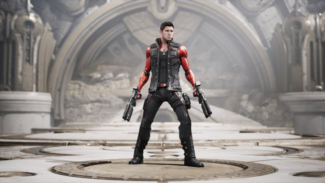 The default skin for "TwinBlast," a character from 'Paragon' that anybody can use when working in Unreal Engine.
