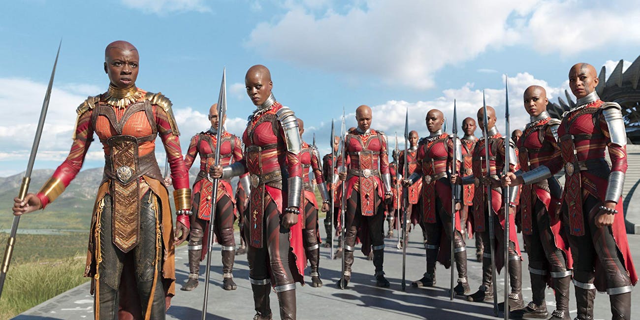 Okoye (Danai Gurira) during a battle scene in Disney/Marvel's 'Black Panther'