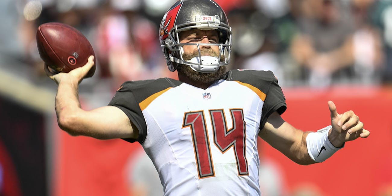 Tampa Bay Buccaneers quarterback Ryan Fitzpatrick (14) throws a pass during the second half of an NFL game between the Philadelphia Eagles and the Tampa Bay Buccaneers on September 16, 2018, at Raymond James Stadium in Tampa, FL. The Bucs defeated the Eagles 27-21.