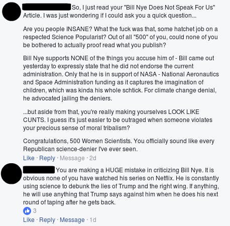 Comments on the 500 Women Scientists Facebook page.