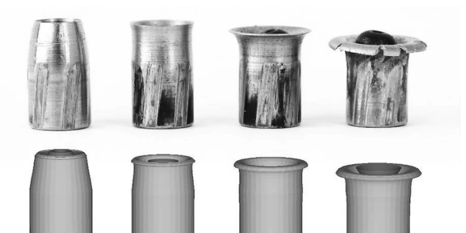 Bullets after penetration of the gel block in increasing velocities – upper line shows the experimental results and the bottom line the simulation results