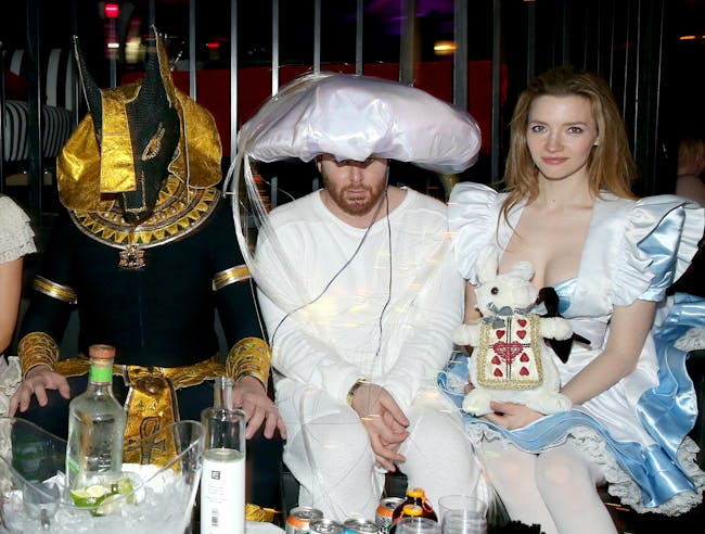 Elon Musk, entrepreneur Sean Parker, and actress Talulah Riley attend the annual Halloween Party, hosted by Playboy and Hugh Hefner, at the Playboy Mansion on October 24, 2015