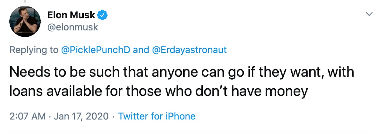 Elon Musk's declaration about the cost of flying to Mars.