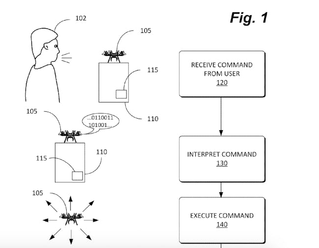 A portion of a drawing from Amazon's patent filing for pocket-sized, voice-controlled drones shows how the system would work.
