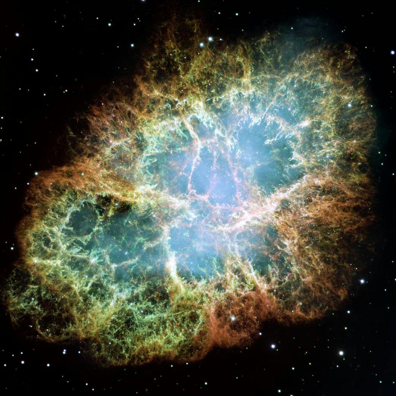 In the Crab Nebula's very center lies a pulsar: a neutron star as massive as the Sun but with only the size of a small town. The Crab Pulsar rotates about 30 times each second.