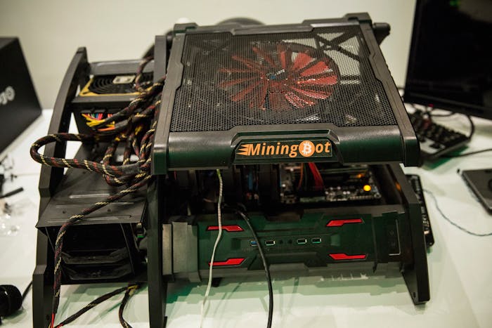 NEW YORK, NY - FEBRUARY 26: A mining bot is seen at Bitcoin Center NYC during a class on the basics of Bitcoin and how to trade the digital currency on February 26, 2014 in New York City. The recently opened center offers a physical space for people to trade digital currencies, including bitcoin. Bitcoin Center NYC also offers classes for people interested in learning about digital currencies. (Photo by Andrew Burton/Getty Images)