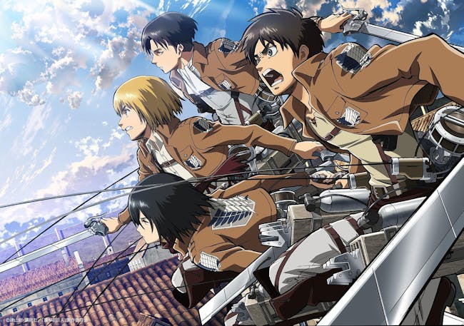 In 'Attack on Titan,' human soldiers use vertical maneuvering equipment to swing around and attack Titans.