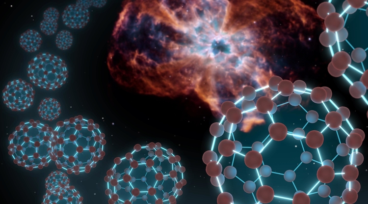An artist's illustration of buckyballs floating in interstellar space