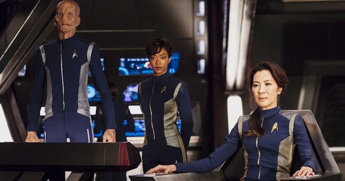 Doug Jones as Lt. Saru, Sonequa Martin-Green as First Officer Michael Burnham, and Michelle Yeoh as Philippa Georgiou in 'Star Trek: Discovery'.