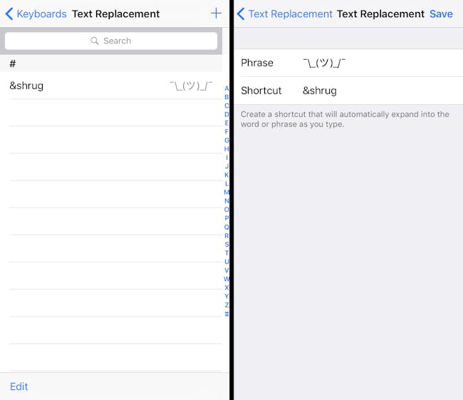 Screenshots explain how to set up text replacement with iOS 10.