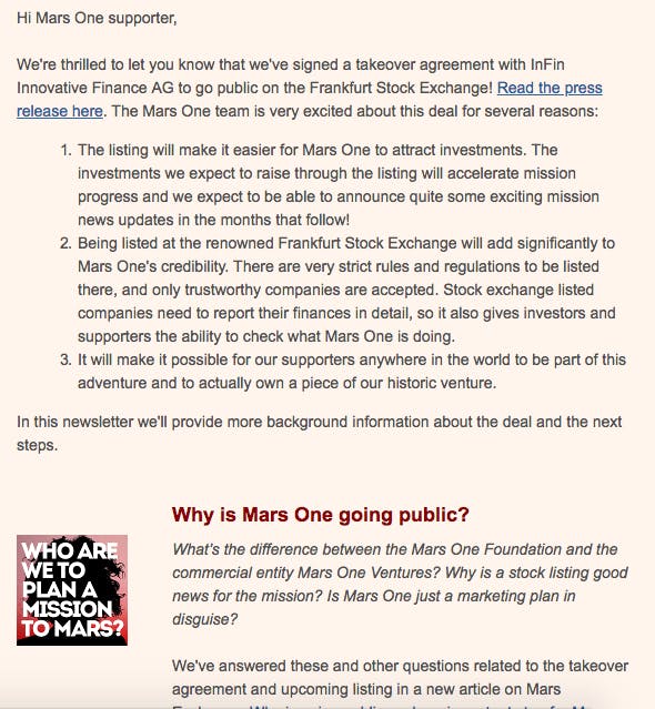A Mars One fundraising message.