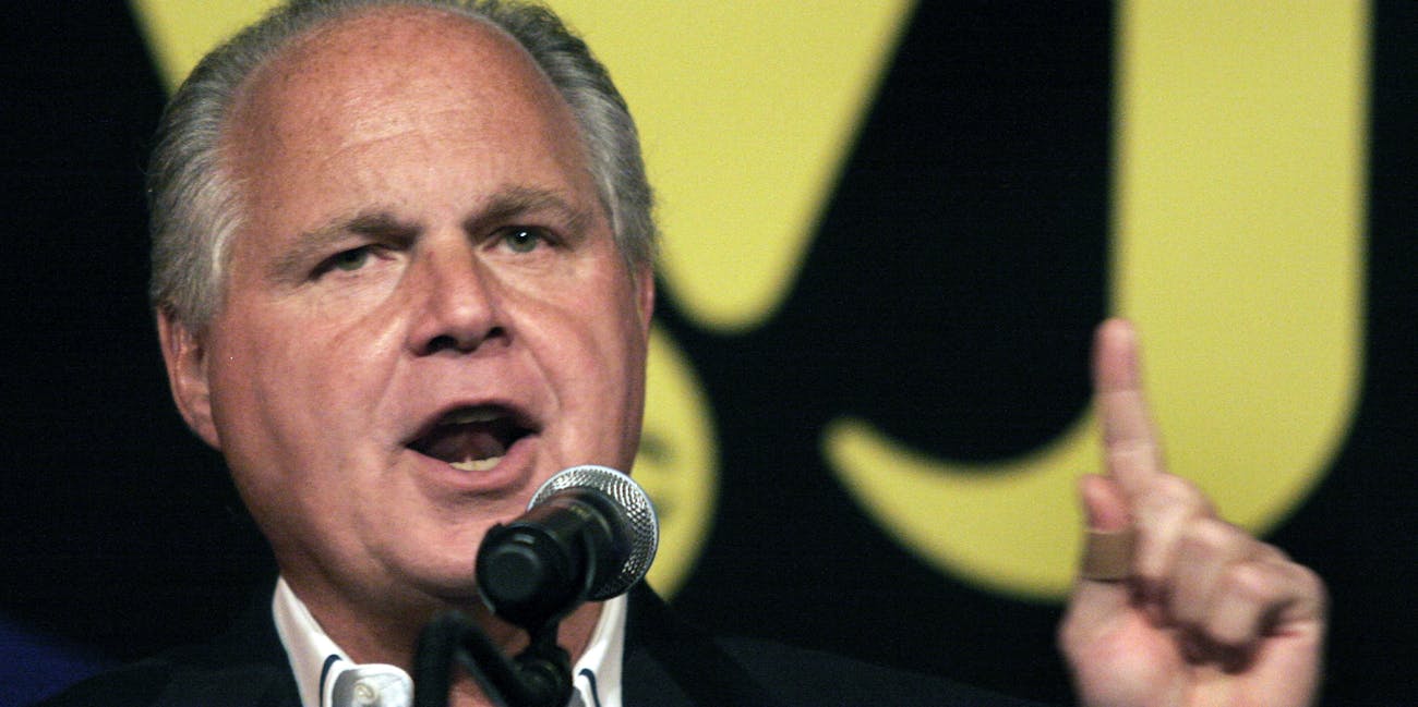 NOVI, MI - MAY 3: Radio talk show host and conservative commentator Rush Limbaugh speaks at 'An Evenining With Rush Limbaugh' event May 3, 2007 in Novi, Michigan. The event was sponsored by WJR radio station as part of their 85th birthday celebration festivities. (Photo by Bill Pugliano/Getty Images)