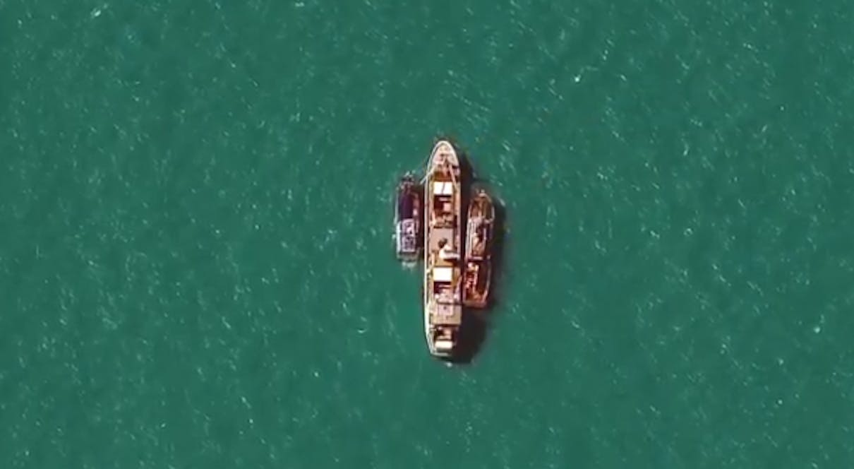 The WorldView-3 satellite captured views of a commercial fishing vessel accepting salve-caught cargo.