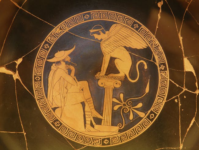 Oedipus and the Sphinx of Thebes, Red Figure Kylix, c. 470 BC