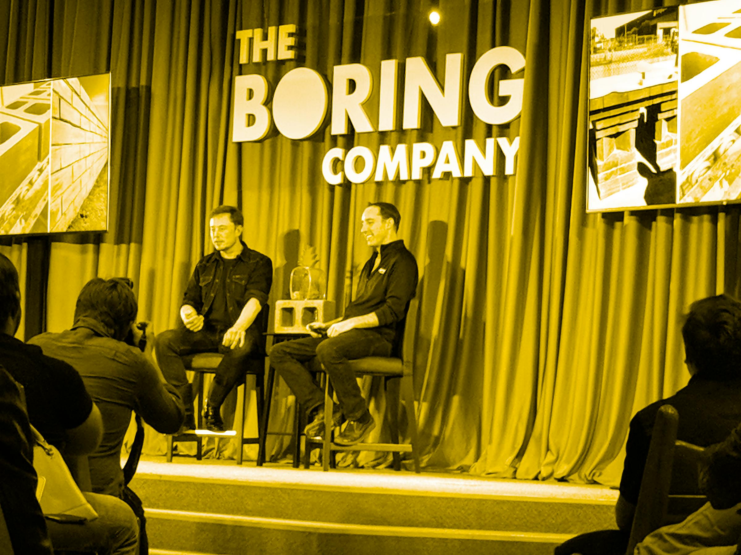 Elon Musk and Steve Davis on May 18, 2018 at a Boring Company information session in Los Angeles.