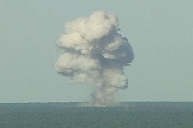 ELGIN AIR FORCE BASE, FL - NOVEMBER 21: In this U.S. Air Force handout, a GBU-43/B bomb, or Massive Ordnance Air Blast (MOAB) bomb, explodes November 21, 2003 at Eglin Air Force Base, Florida. MOAB is a 21,700-pound that was droped from a plane at 20, 000 feet. (Photo by USAF via Getty Images)