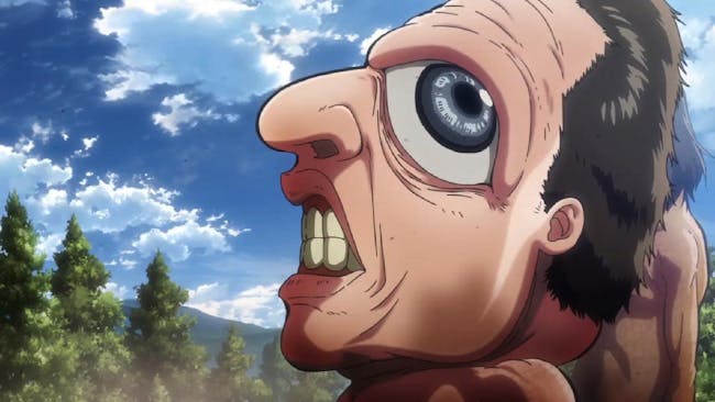 A close-up shot of a creepy Titan in the Season 2 finale.