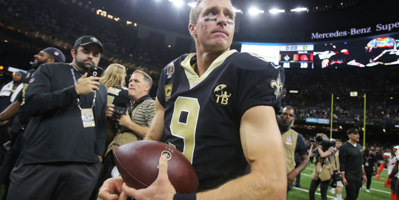 p.p1 {margin: 0.0px 0.0px 0.0px 0.0px; font: 18.0px Georgia} New Orleans Saints quarterback Drew Brees on the field after beating the Cleveland Browns in New Orleans, Louisiana USA on September 16, 2018. The Saints beat the Browns 21-18