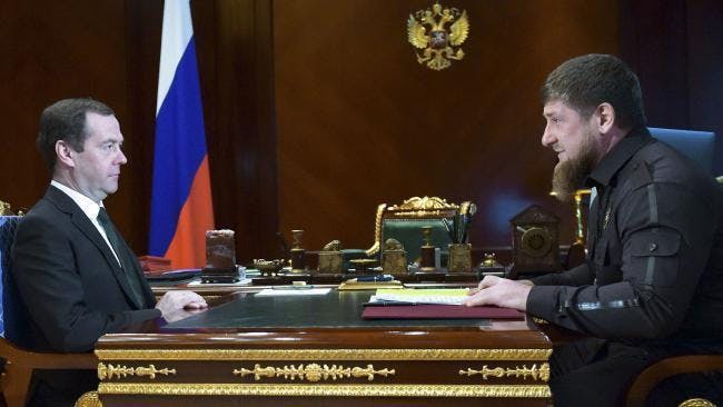 Russian Prime Minister Dmitry Medvedev, left, meets with Chechen regional leader Ramzan Kadyrov