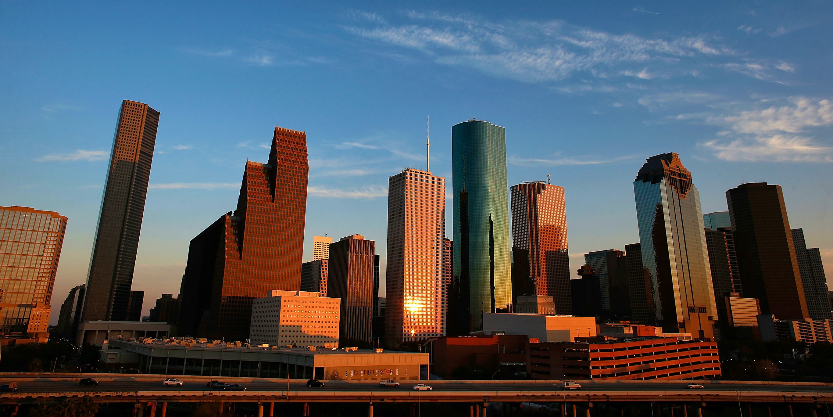 A view of the Houston skyline at dusk,