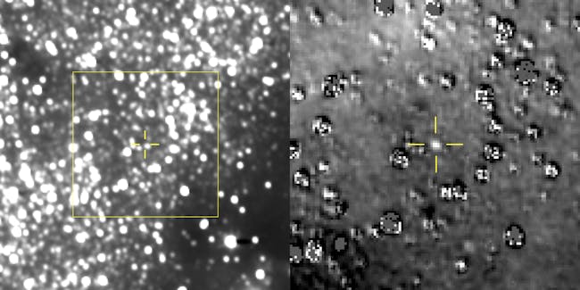 Left: Composite image taken by New Horizons showing the estimated range of Ultima Thule in the yellow box. Right: A zoomed-in image of the area inside the yellow box, showing Ultima Thule where scientists predicted it would be.