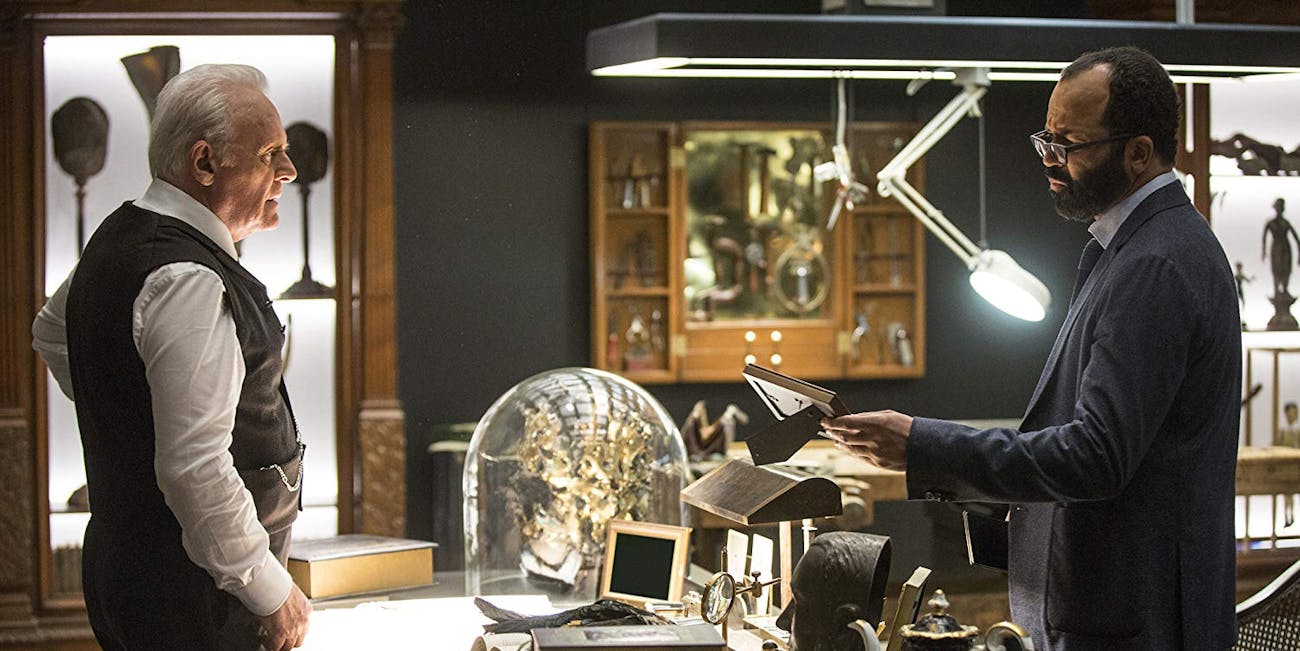 Robert Ford (Anthony Hopkins) and Bernard (Jeffrey Wright) in 'Westworld' Season 1