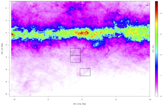 This is the infrared map constructed from the VISTA Variables in the Via Lactea (VVV) survey of the inner Milky Way showing the three areas studied.