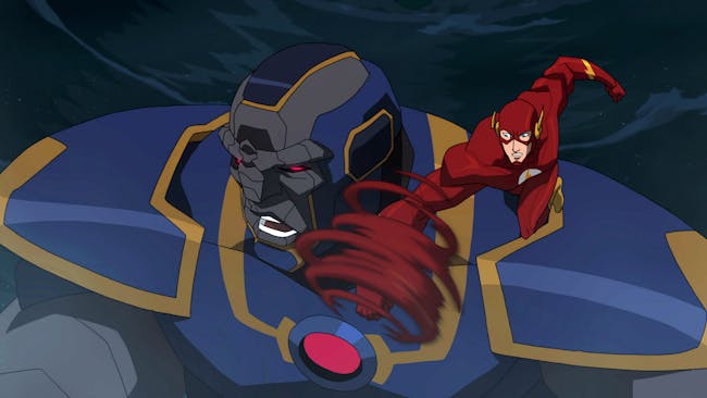 The Flash delivers a swirly punch to Darkseid's face in 'Justice League: War'.