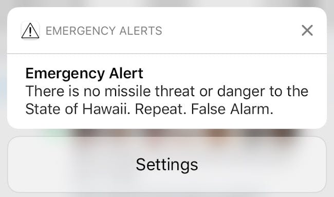 Hawaii Emergency Alert: There is no missile threat or danger to the state of Hawaii. Repeat. False Alarm. p.p1 {margin: 0.0px 0.0px 0.0px 0.0px; font: 18.0px Georgia}
