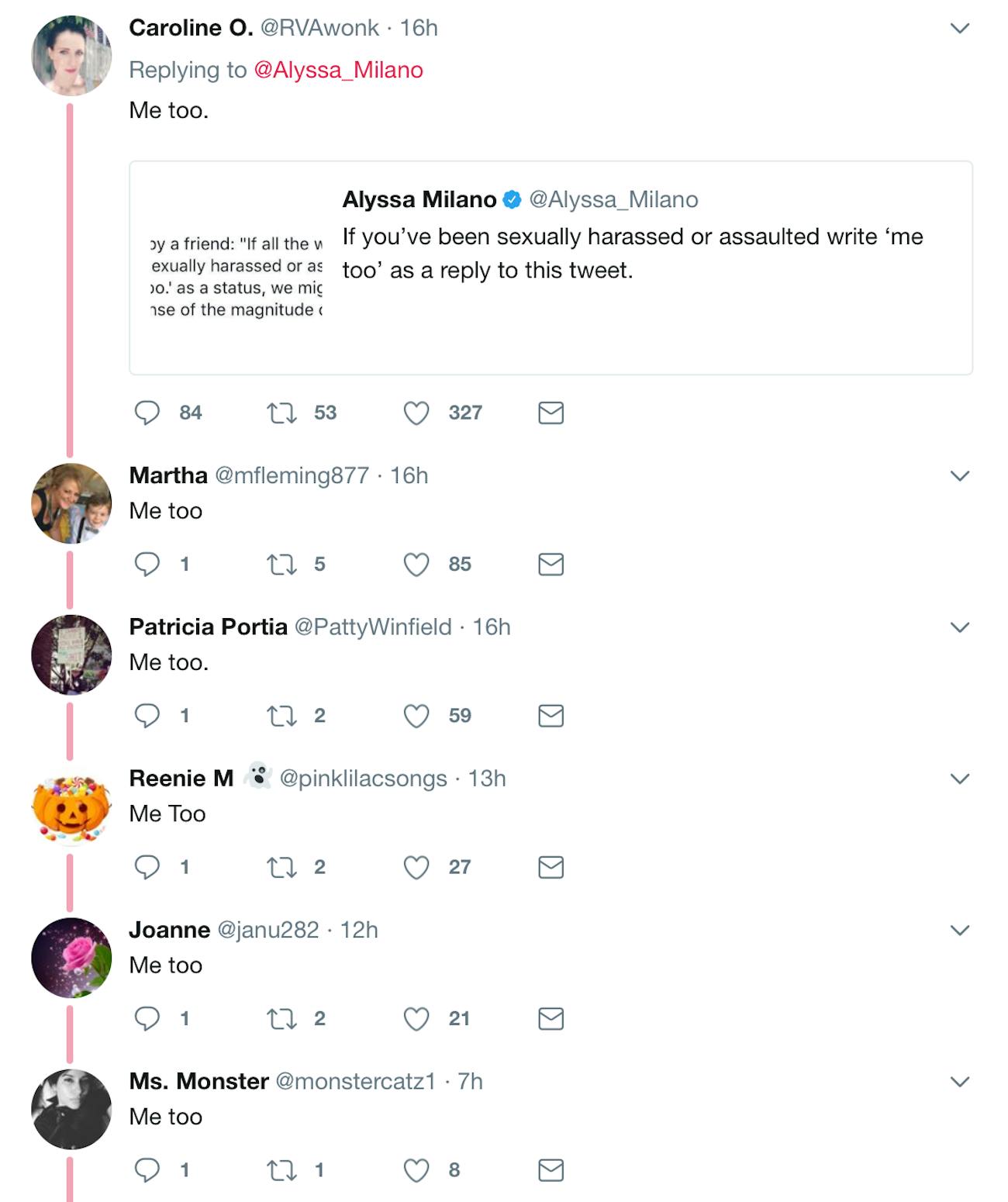 Replies to Milano's tweet.