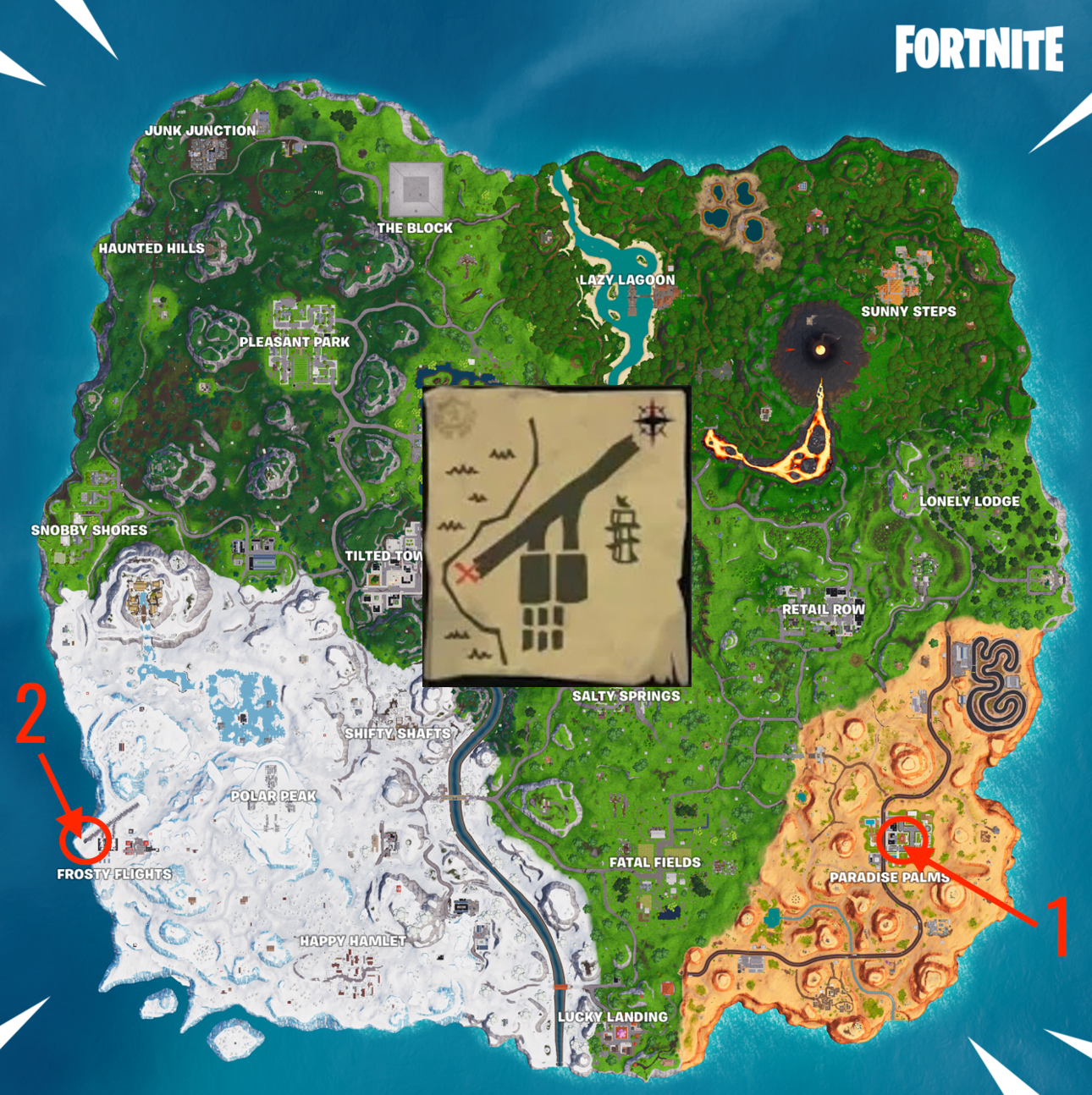 follow the treasure map signpost found in paradise palms