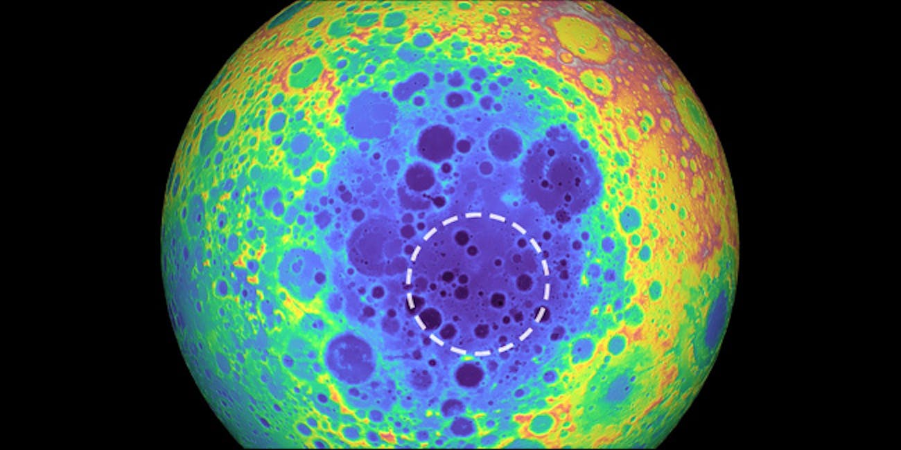 In this false-color graphic showing the topography of the far side of the moon, the warmer colors indicate high topography and the bluer colors indicate low topography. The large blue area is the South Pole-Aitken Basin and the circle shows the location of the anomaly.