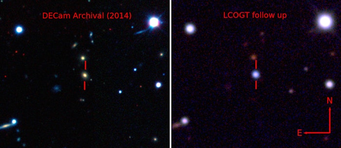 Pseudo-color images showing the host galaxy before the explosion of ASASSN-15lh taken by the Dark Energy Camera (left), and the supernova by the Las Cumbres Observatory Global Telescope Network 1-meter telescope network (right).