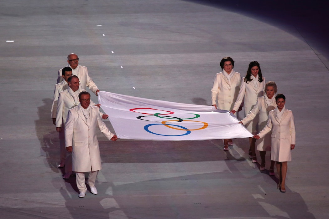 Valentina Tereshkova was one of the Russians who helped  carry the Olympic flag into the stadium during the Opening Ceremony of the Sochi 2014 Winter Olympics.
