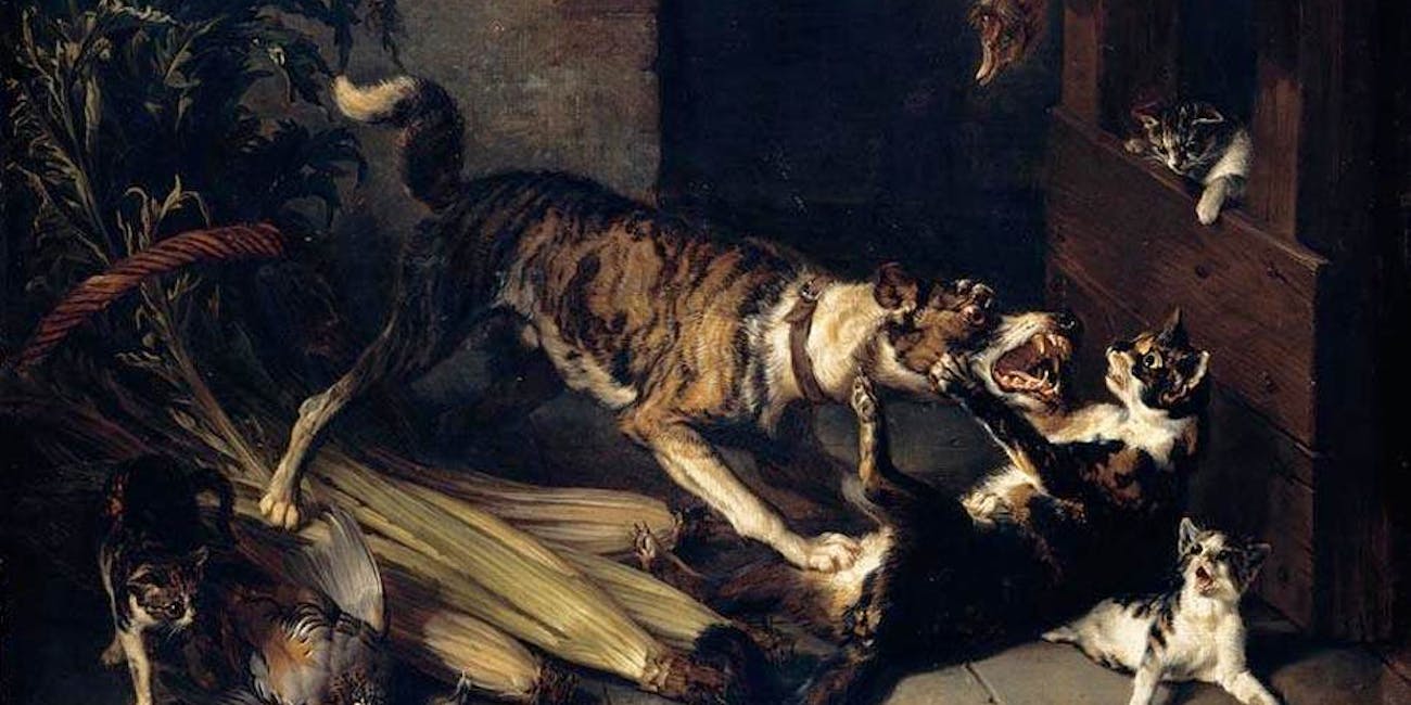 François Desportes - A Dog and a Cat Fighting in a Kitchen Interior - WGA06322