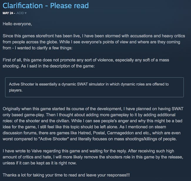 'Active Shooter' developer response