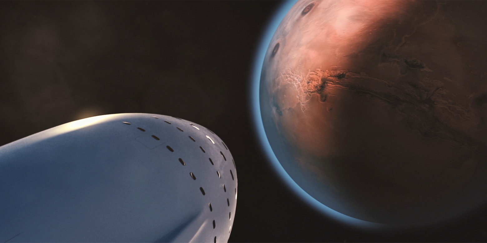 A rendering of the Interplanetary Transport System as it approaches Mars.
