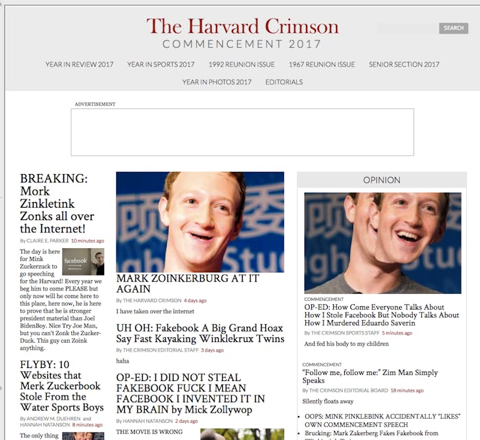 Harvard Crimson website hacked ahead of Mark Zuckerberg commencement speech.