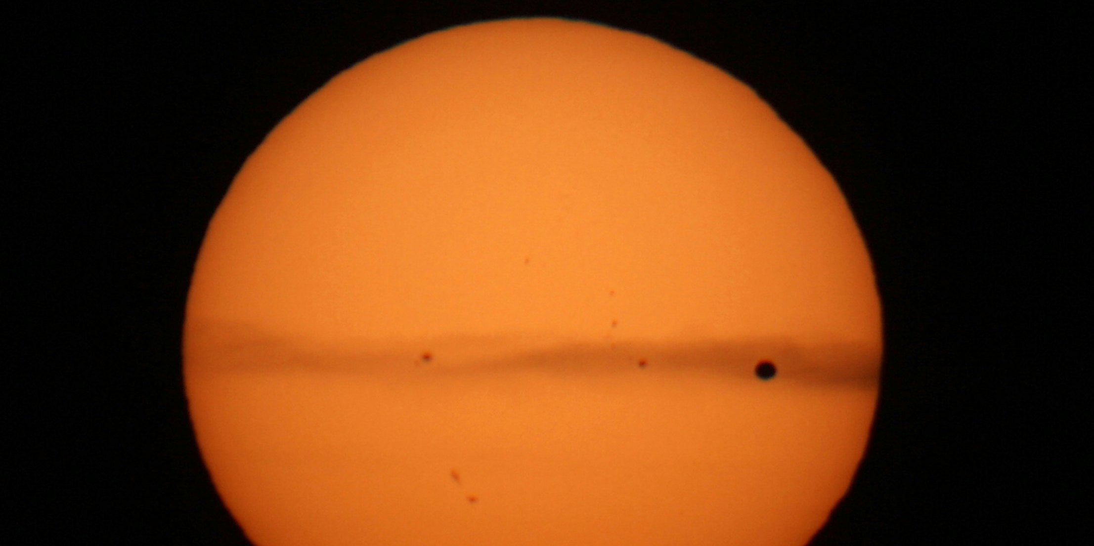 The planet Venus passes before the sun, a very rarely-seen event, on June 5, 2012 near Orange, California. The transit of Venus involves the planet Venus crossing in front of the sun. The last time it was seen in California was 1882 and the next pair of events will not happen again until the year 2117 and 2125. The transit of Venus across the sun has been seen only seven times since the telescope was invented.